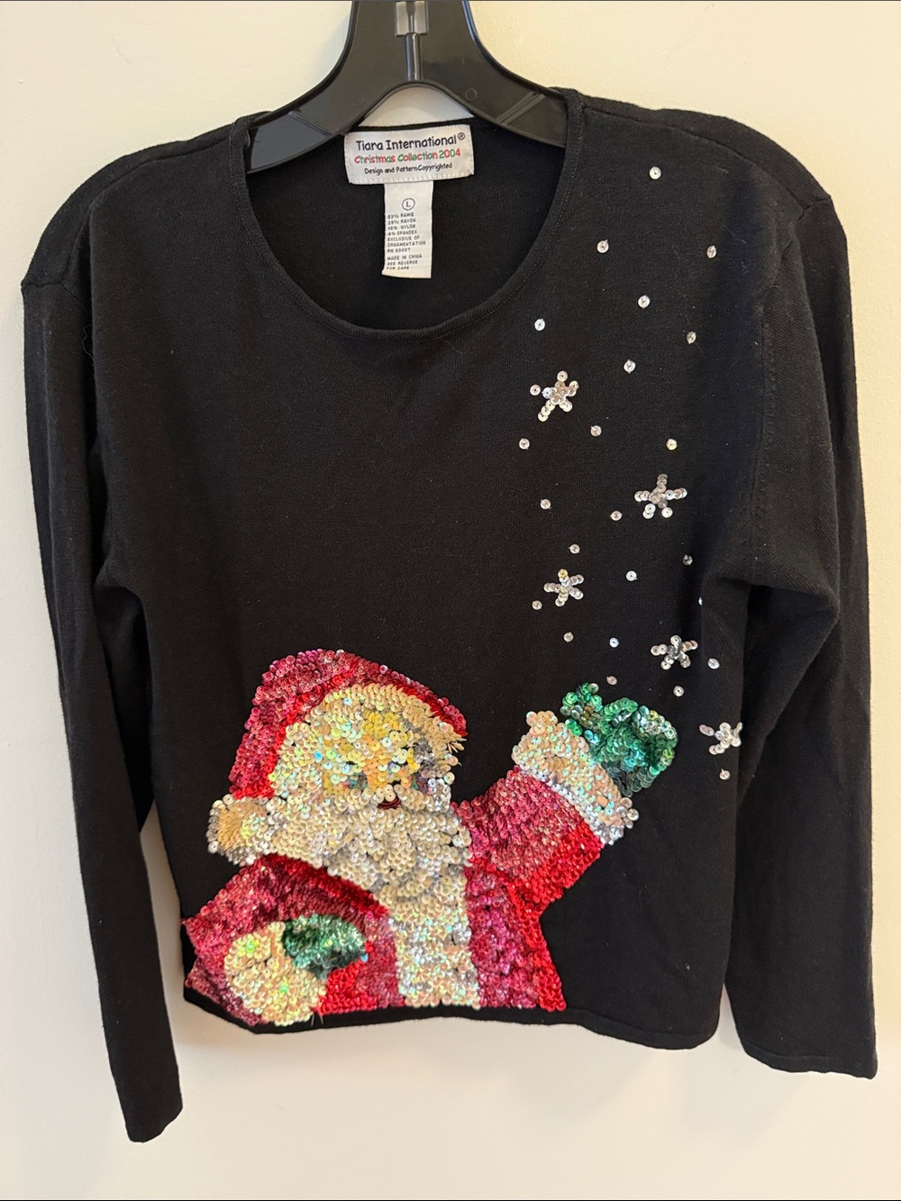 Vintage Tiara International Christmas Long Sleeve Sweater with Sequin Santa.